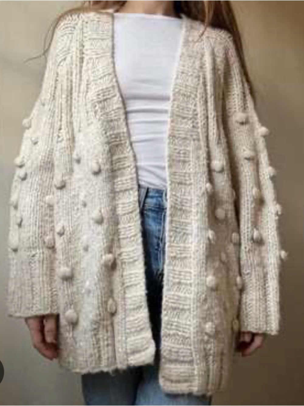 By Together Chunky Knit Bobble Cardigan Cream Oversized Cozy Sweater M/L